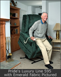 A disabled man uses a lift chair to stand without assistance.