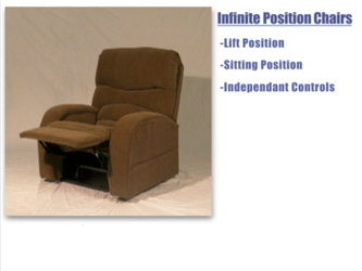 The footrest of an infinite position lift assist chair can be moved without reclining the back rest.